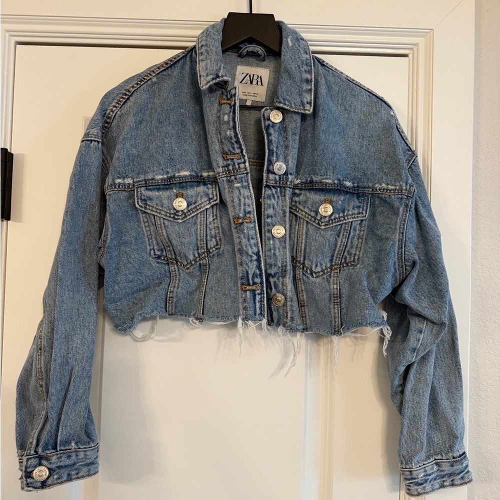 Zara Cropped Distressed Blue Denim Jacket